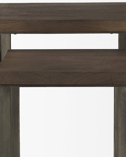 Set of Two Brown Solid Wood and Metal Square Cross Legs Nested Tables