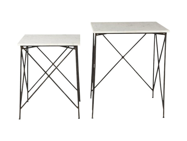 Set of Two White and Black Marble and Metal Square Nested Tables