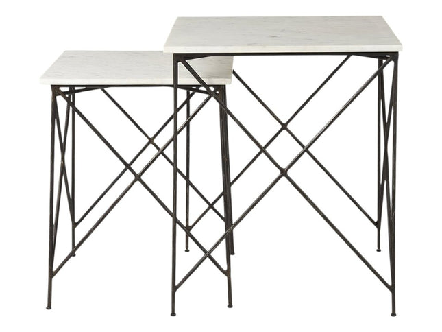 Set of Two White and Black Marble and Metal Square Nested Tables