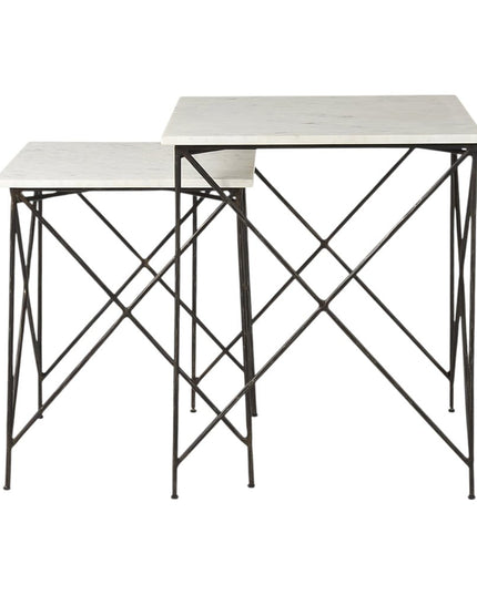 Set of Two White and Black Marble and Metal Square Nested Tables