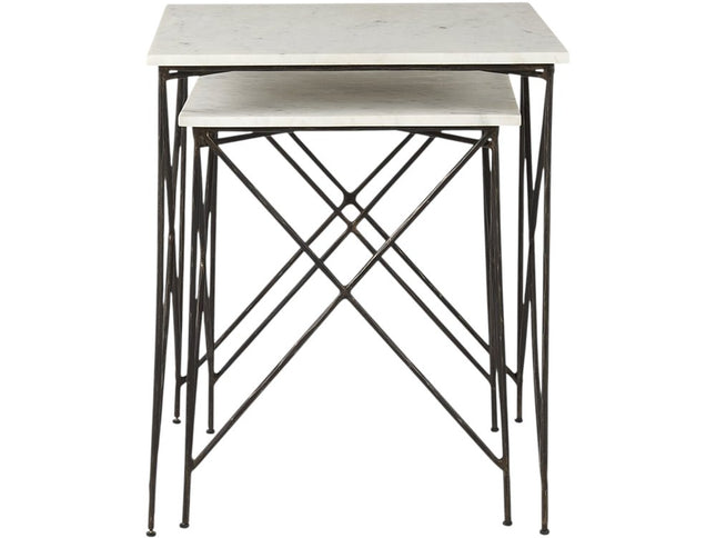 Set of Two White and Black Marble and Metal Square Nested Tables