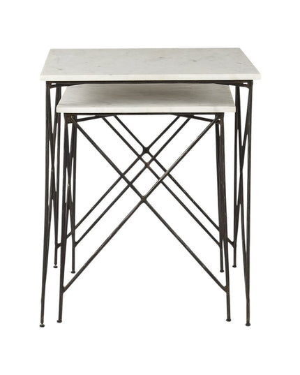 Set of Two White and Black Marble and Metal Square Nested Tables