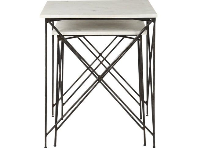 Set of Two White and Black Marble and Metal Square Nested Tables