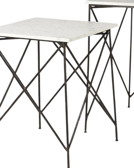 Set of Two White and Black Marble and Metal Square Nested Tables