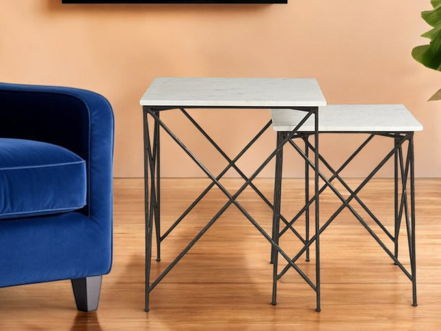 Set of Two White and Black Marble and Metal Square Nested Tables