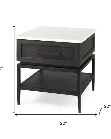 22" Black And White Marble Square End Table With Drawer And Shelf