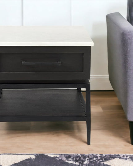22" Black And White Marble Square End Table With Drawer And Shelf
