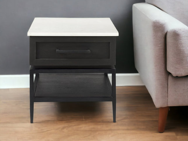 22" Black And White Marble Square End Table With Drawer And Shelf