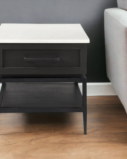 22" Black And White Marble Square End Table With Drawer And Shelf