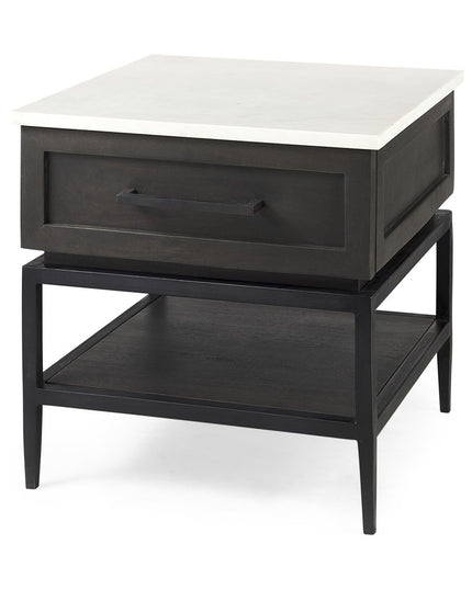 22" Black And White Marble Square End Table With Drawer And Shelf