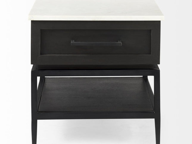 22" Black And White Marble Square End Table With Drawer And Shelf
