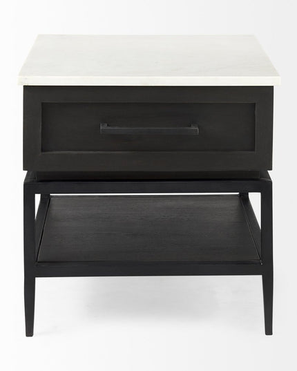 22" Black And White Marble Square End Table With Drawer And Shelf