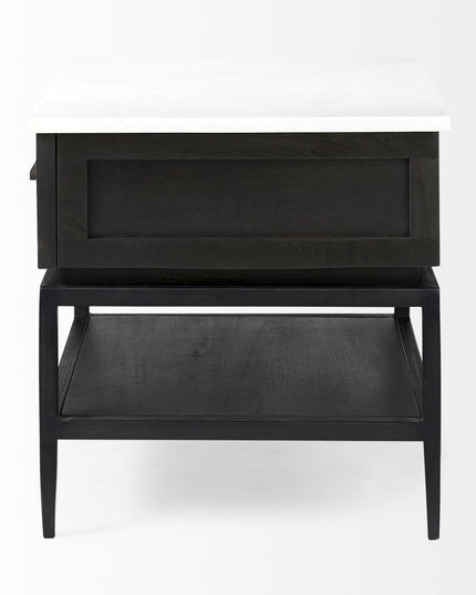 22" Black And White Marble Square End Table With Drawer And Shelf