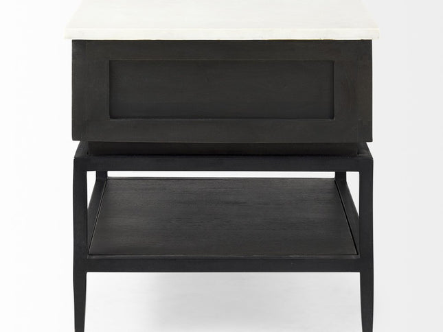22" Black And White Marble Square End Table With Drawer And Shelf