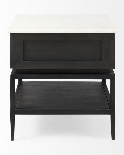 22" Black And White Marble Square End Table With Drawer And Shelf