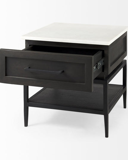 22" Black And White Marble Square End Table With Drawer And Shelf