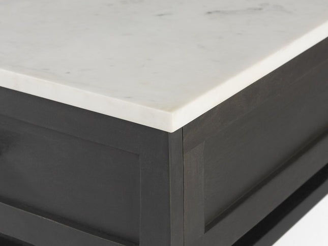 22" Black And White Marble Square End Table With Drawer And Shelf