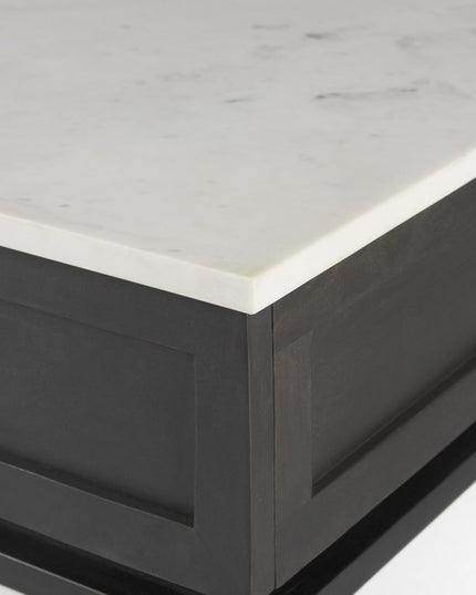 22" Black And White Marble Square End Table With Drawer And Shelf