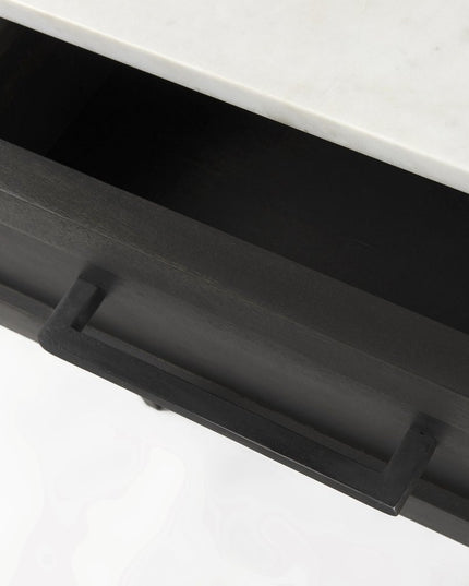 22" Black And White Marble Square End Table With Drawer And Shelf