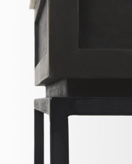 22" Black And White Marble Square End Table With Drawer And Shelf