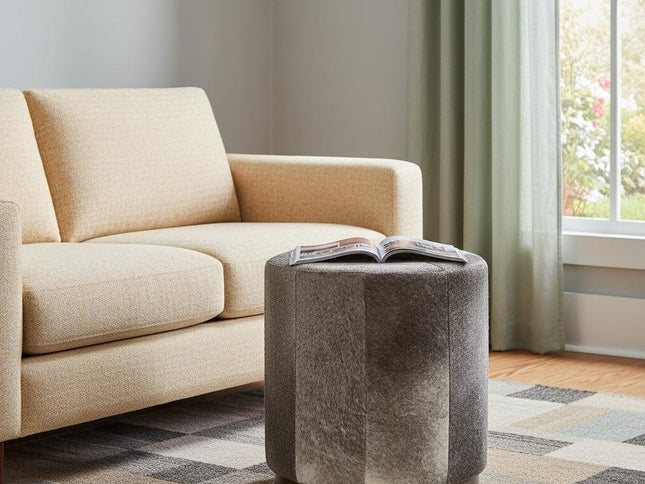 20" Gray Wool And Brown Footstool Ottoman