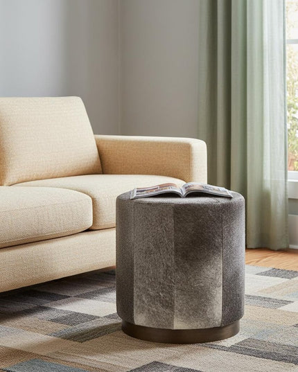 20" Gray Wool And Brown Footstool Ottoman