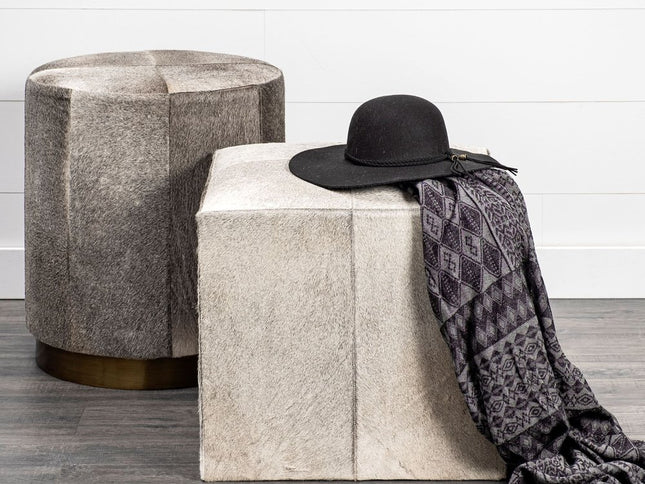 20" Gray Wool And Brown Footstool Ottoman