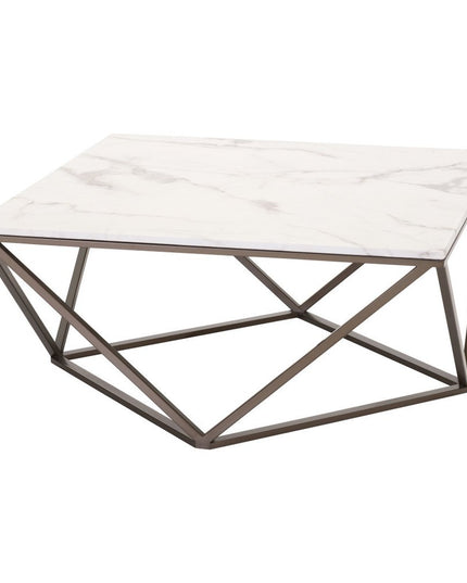 36" White and Antiqued Brass Faux Marble And Steel Square Abstract Coffee Table