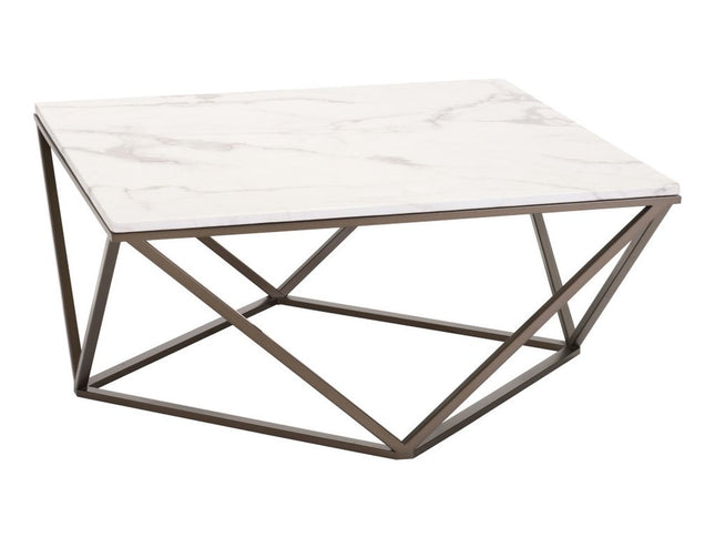 36" White and Antiqued Brass Faux Marble And Steel Square Abstract Coffee Table