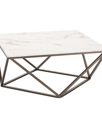 36" White and Antiqued Brass Faux Marble And Steel Square Abstract Coffee Table