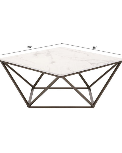 36" White and Antiqued Brass Faux Marble And Steel Square Abstract Coffee Table