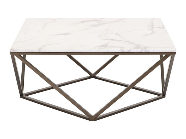 36" White and Antiqued Brass Faux Marble And Steel Square Abstract Coffee Table
