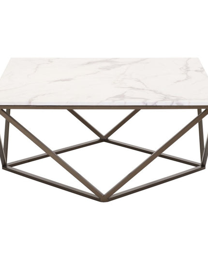 36" White and Antiqued Brass Faux Marble And Steel Square Abstract Coffee Table