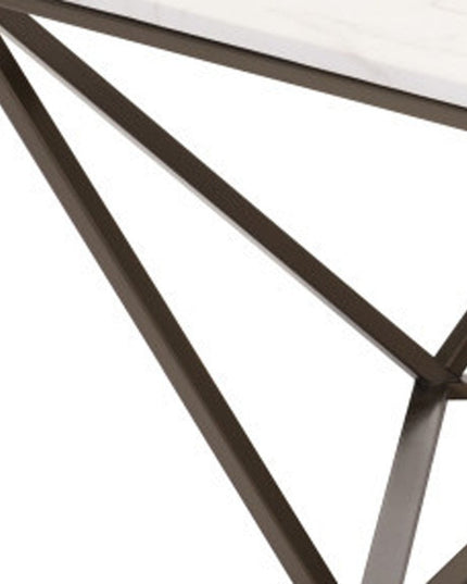 36" White and Antiqued Brass Faux Marble And Steel Square Abstract Coffee Table