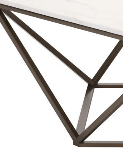 36" White and Antiqued Brass Faux Marble And Steel Square Abstract Coffee Table