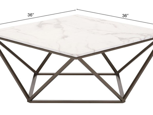 36" White and Antiqued Brass Faux Marble And Steel Square Abstract Coffee Table