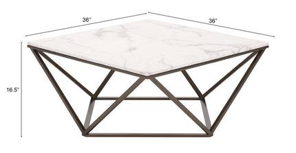 36" White and Antiqued Brass Faux Marble And Steel Square Abstract Coffee Table