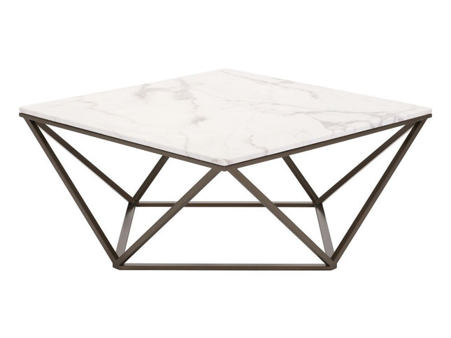36" White and Antiqued Brass Faux Marble And Steel Square Abstract Coffee Table