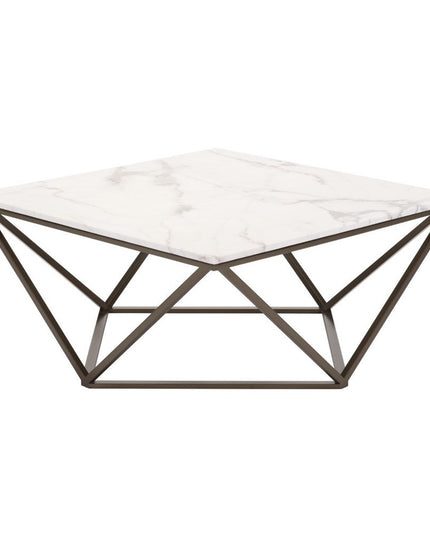 36" White and Antiqued Brass Faux Marble And Steel Square Abstract Coffee Table
