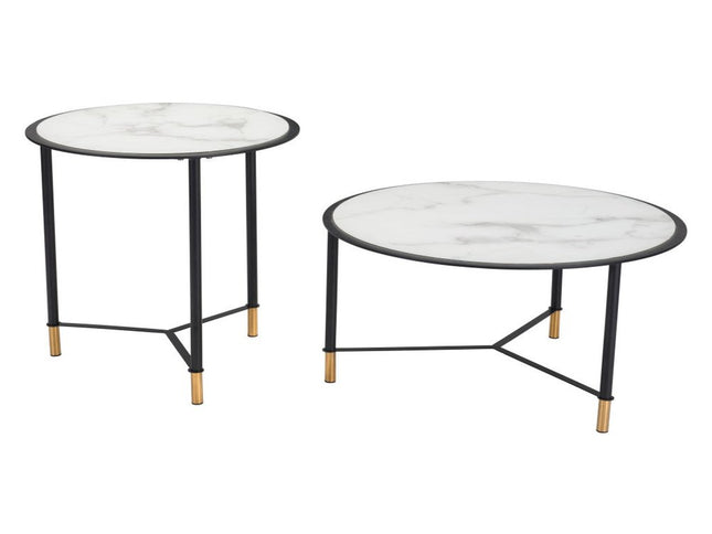 Set of Two White and Black Faux Marble And Glass And Steel Round Bunching Coffee Tables