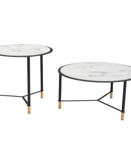 Set of Two White and Black Faux Marble And Glass And Steel Round Bunching Coffee Tables