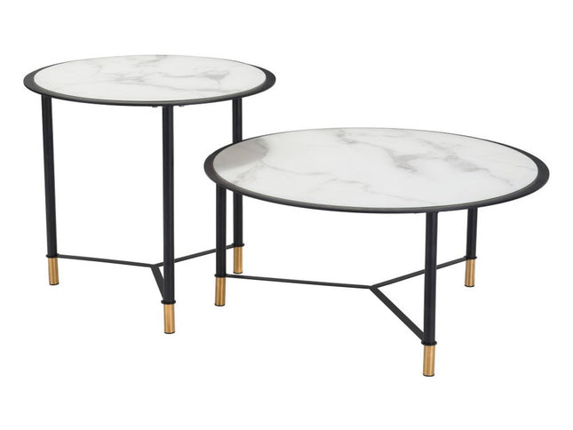 Set of Two White and Black Faux Marble And Glass And Steel Round Bunching Coffee Tables