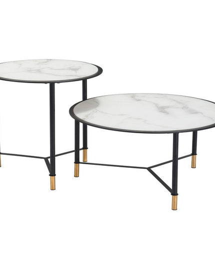 Set of Two White and Black Faux Marble And Glass And Steel Round Bunching Coffee Tables