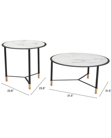 Set of Two White and Black Faux Marble And Glass And Steel Round Bunching Coffee Tables