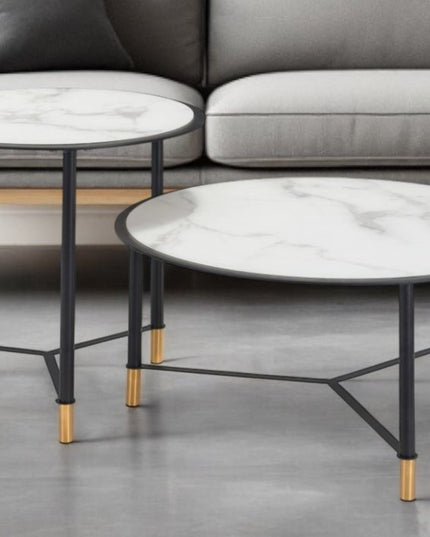 Set of Two White and Black Faux Marble And Glass And Steel Round Bunching Coffee Tables