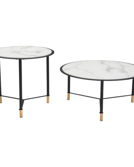 Set of Two White and Black Faux Marble And Glass And Steel Round Bunching Coffee Tables