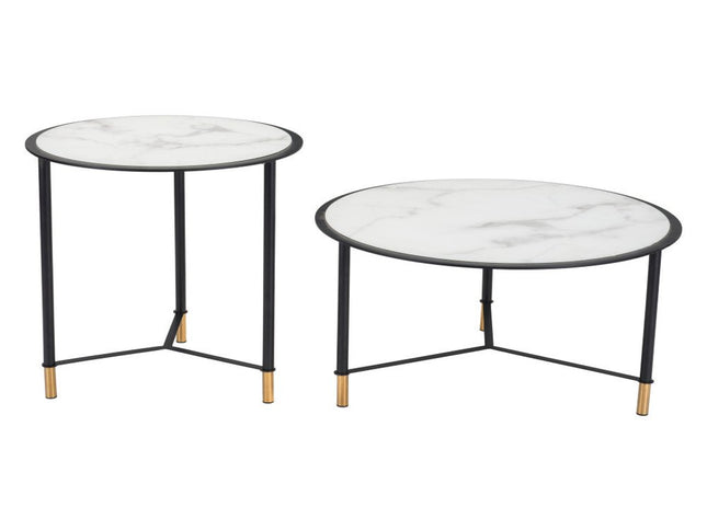 Set of Two White and Black Faux Marble And Glass And Steel Round Bunching Coffee Tables