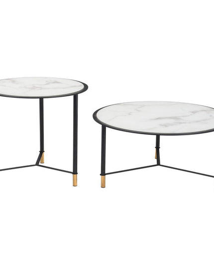 Set of Two White and Black Faux Marble And Glass And Steel Round Bunching Coffee Tables
