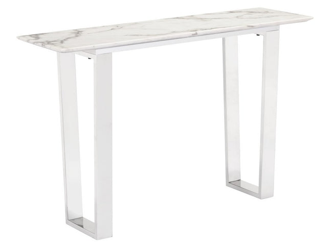47" White and Silver Faux Marble Sled Console Table