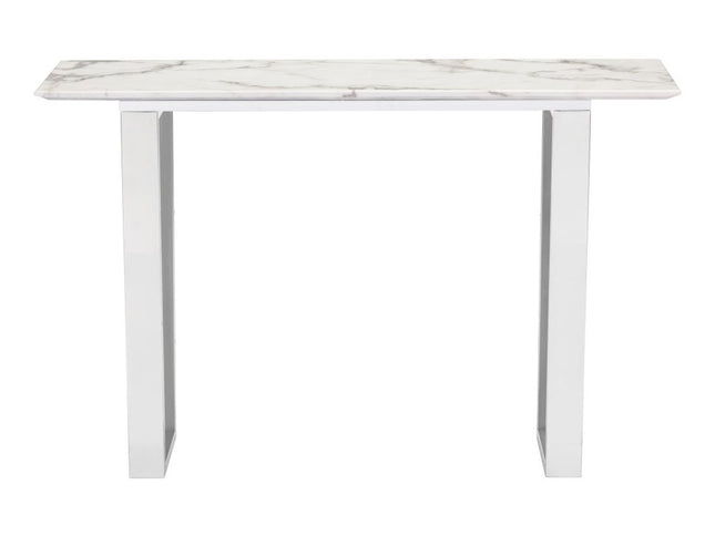 47" White and Silver Faux Marble Sled Console Table